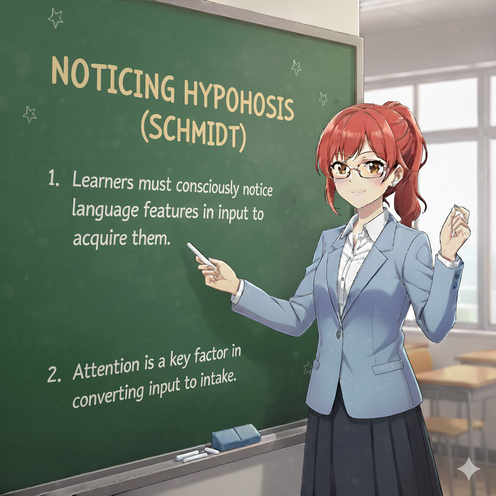 <ul><li><p>Learners must consciously notice language features in input to acquire them.</p></li><li><p>Attention is a key factor in converting input to intake.</p></li></ul><p></p>
