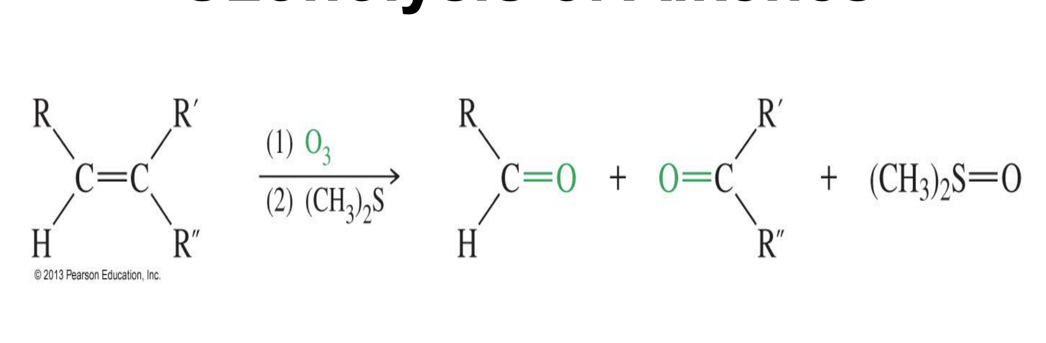 <p>Reagent:<sub>&nbsp;</sub></p><ol><li><p>O<sub>3</sub>&nbsp;,</p></li><li><p>Reductions (CH3)<sub>2</sub>S (DMS)</p></li></ol><p>Starting product: Alkenes&nbsp;</p><ul><li><p>Brakes the double bond followed by a reduction&nbsp;</p></li></ul><p>End Product: Ketones and Aldehydes&nbsp;</p><p></p>
