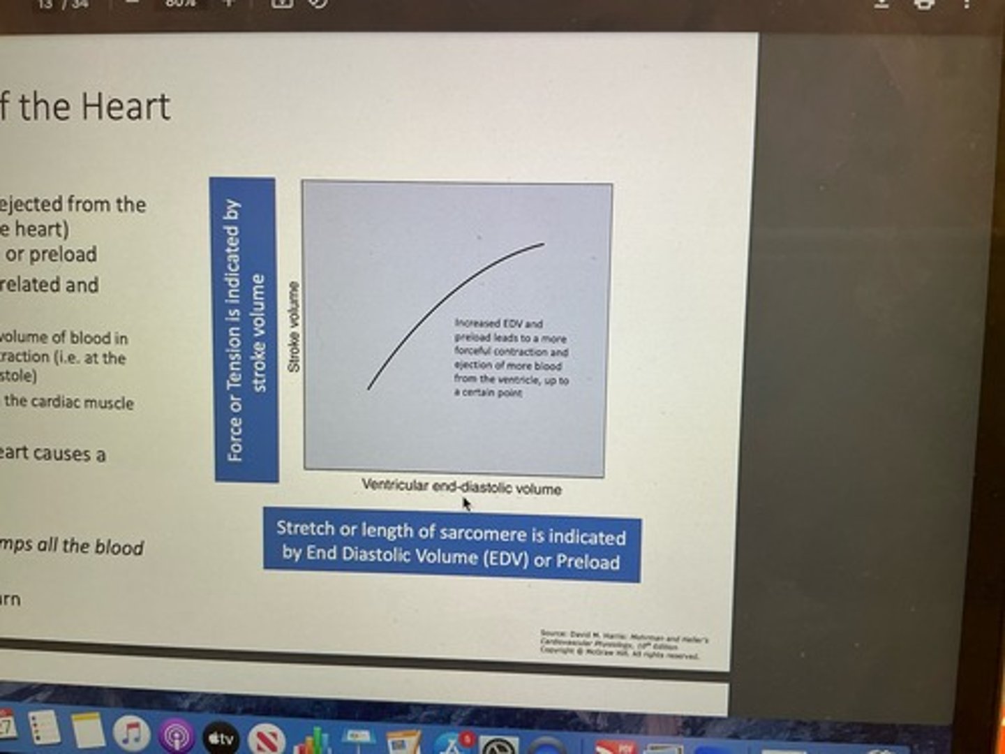 <p>stroke volume (amount of blood ejected from ventricle during contraction of heart) <br>-EDV and preload closely related and sometimes interchanged (EDV: volume of blood in ventricle right before contraction; preload: degree of stretch in cardiac muscle) <br>-additional blood entering heart causes more forceful contraction <br><br>IOW cardiac output = venous return</p>