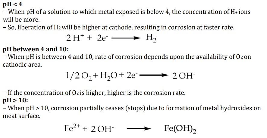 <p>Corrosion rate increases with decrease in pH </p><p>pH of the solutions decides the type of cathodic reaction </p><p></p><p><span style="color: red;">Note: some metals like Al, Zn etc. undergo corrosion in alkaline medium in a faster rate.</span></p>