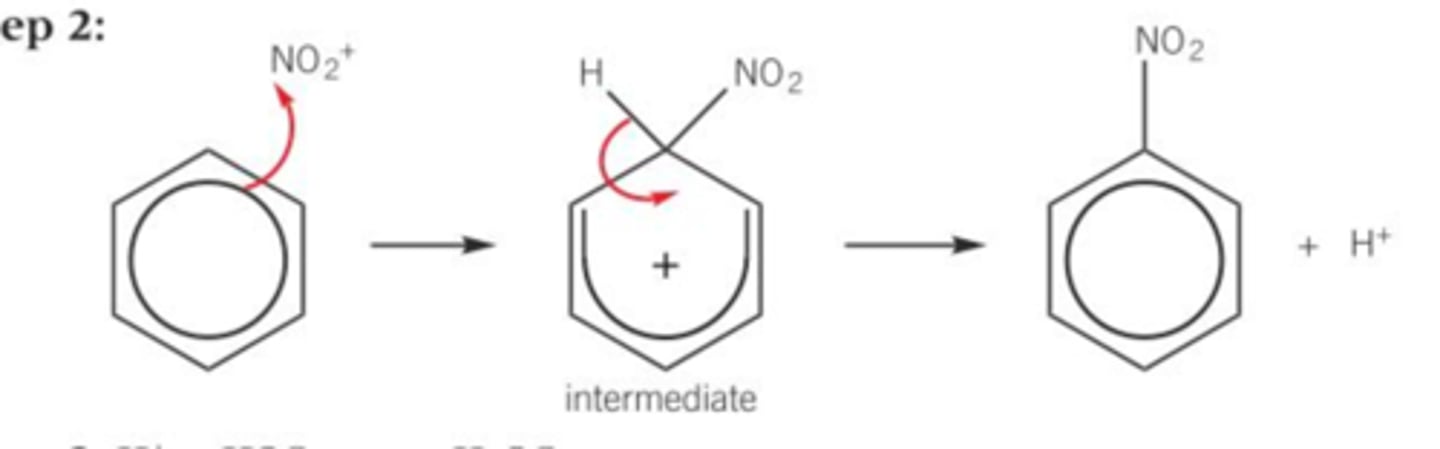 <p>Formation of electrophile HNO₃ + H₂SO₄ --&gt; NO₂⁺ + HSO4⁻ + H₂O</p><p>Regeneration of sulphuric acid; H⁺ + HSO₄⁻ --&gt; H₂SO₄</p>