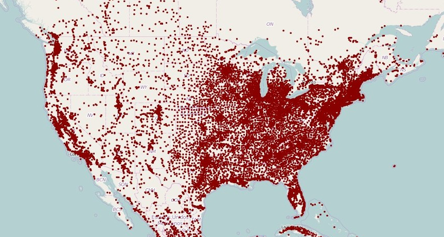 <p>A thematic map that uses dots to represent the presence of a feature.</p>