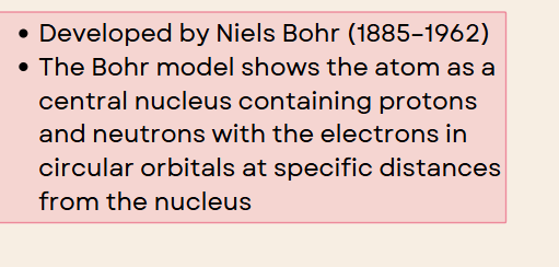<p>the bohr  model shows an atom as a central nucleus containing protons and neutrons with the electrons in circular orbitals at specific distances from the nucleus </p>