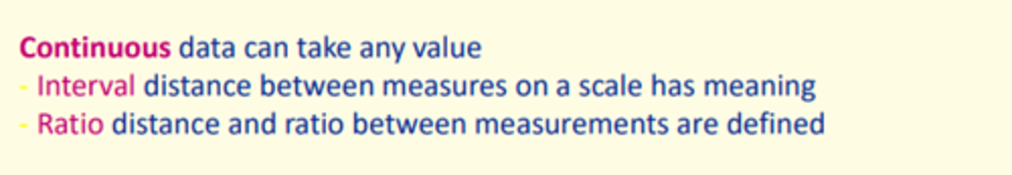 <p>Continuous data can take on any value</p><p>Interval e.g., distance between measures on scale</p><p>Ratio e.g., distance/ratio between measurements defined</p>