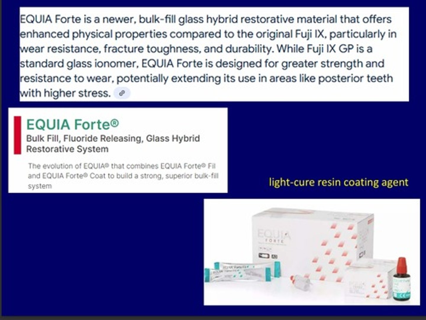 <p>basically uses fluoro-aluminosilicate glasses reinforced with a second, smaller and more reactive silicate particle so has higher molecular weight and improves mechanical properties and handling.</p>