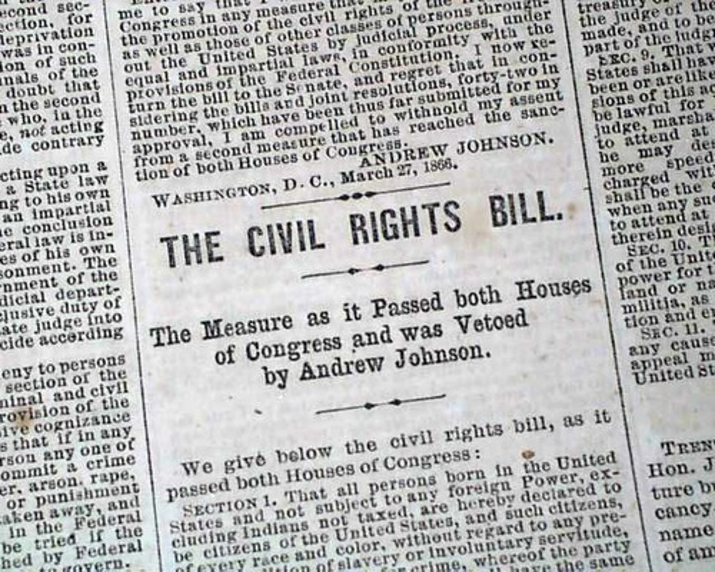 <p>This act declared that all African Americans were U.S. citizens and also attempted to provide a shield against the operation of the Southern states' Black Codes. (p. 295)</p>