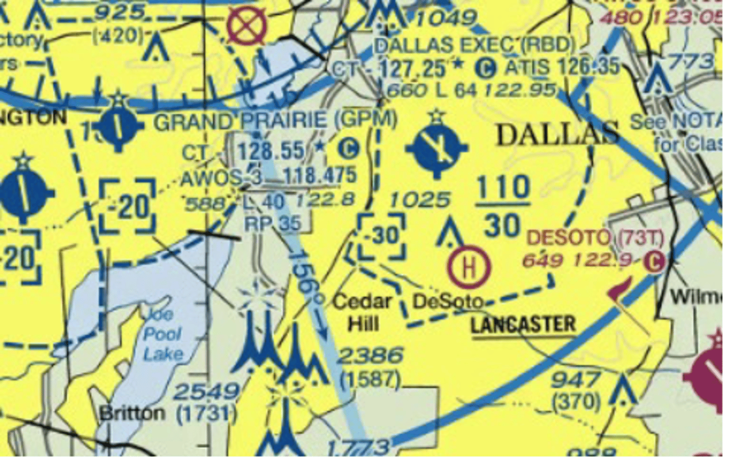 <p>3,549 ft MSL</p><p>When flying over a congested area of a city, an altitude of 1,000' above the highest obstacle within a horizontal radius of 2,000' of the aircraft is required. The Cedar Hill TV towers have an MSL height of 2,549</p>