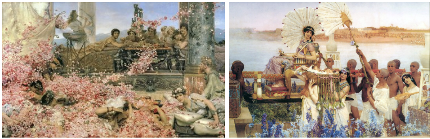 <ul><li><p><span>depictions of luxury and decadence in fabulous exotic landscapes and interiors</span></p></li><li><p><span>great skill at handling surfaces like metals, pottery, and marble</span></p></li><li><p><span><strong>Roses of Heliogabalus</strong></span></p></li><li><p><span><strong>The Finding of Moses</strong></span></p></li></ul><p></p>