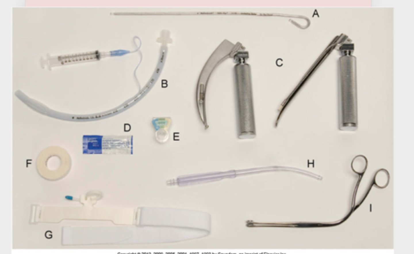 <p>- o2 flowmeter and o2 tubing</p><p>- suction apparatus</p><p>- suction catheter</p><p>- ambu bag !!!</p><p>- laryngoscope</p><p>- stylet (obturator for et tube)</p><p>- stethoscope</p><p>- tape</p><p>- syringe</p><p>- magil forceps</p><p>- towels for position</p>