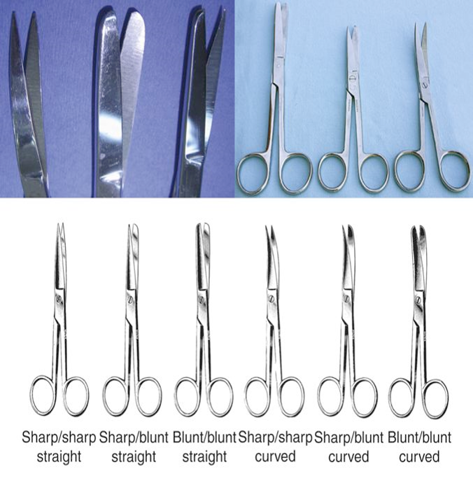 <ul><li><p>cut suture material or inanimate materials</p></li><li><p>can be blunt-blunt, sharp-blunt, or sharp-sharp</p><ul><li><p>sharp-blunt most common</p></li></ul></li><li><p>straight or curved blades</p></li><li><p>4 1/2, 5, 5 1/2, and 6 inches</p></li></ul>