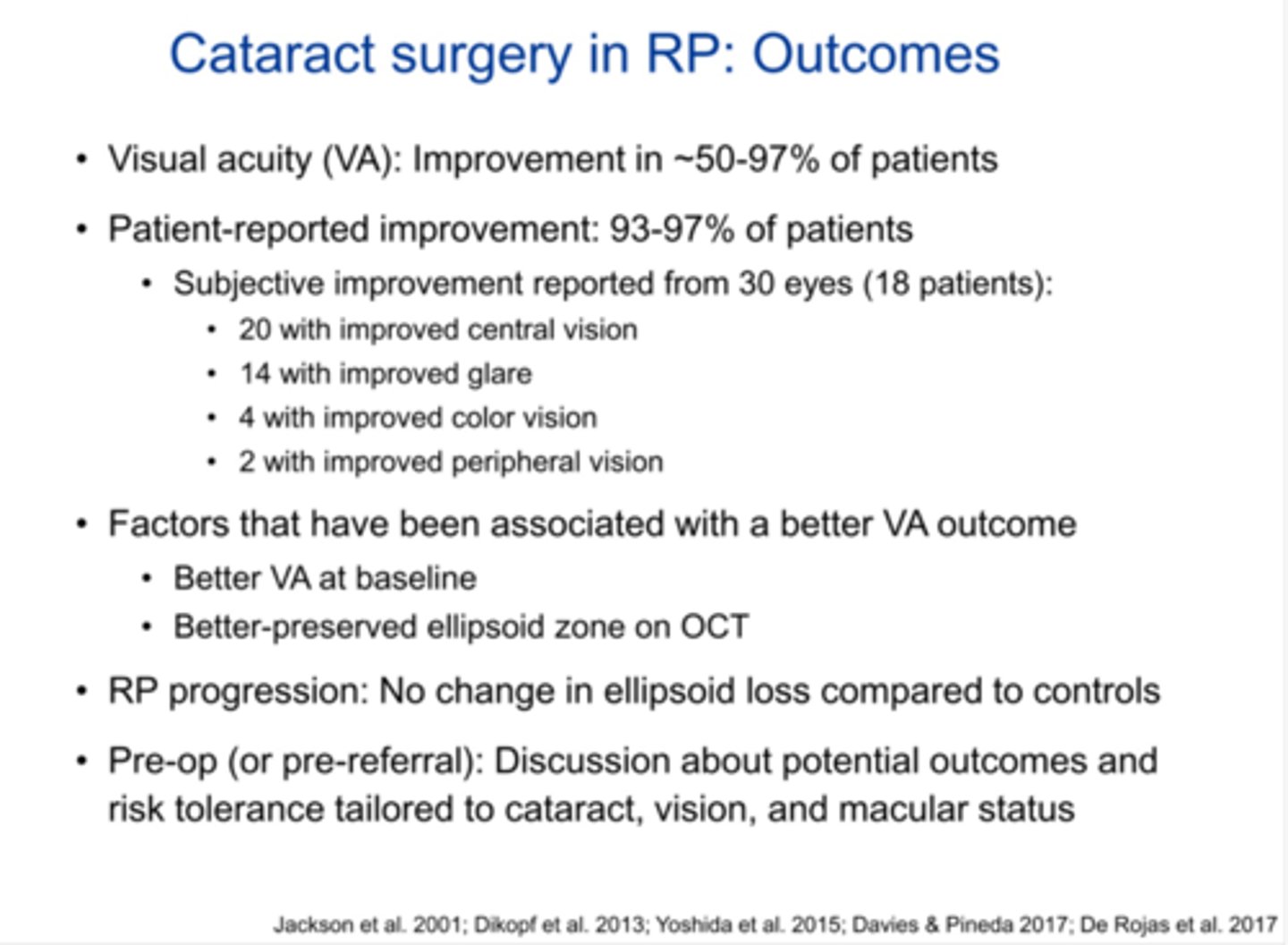 <p>visual improvements can include VA, glare, color vision, peripheral vision</p><p>better outcomes if better starting VA, more preserved ellipsoid zone on OCT</p>