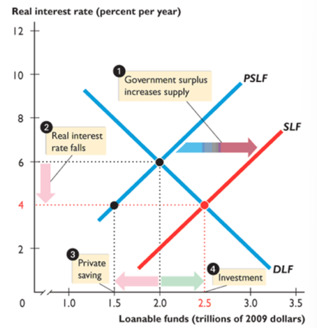 <p>increases the supply of loanable funds, bringing a lower interest rate, decreasing quantity of private saving, increasing quantity of investment and loanable funds demanded; highly unlikely</p>