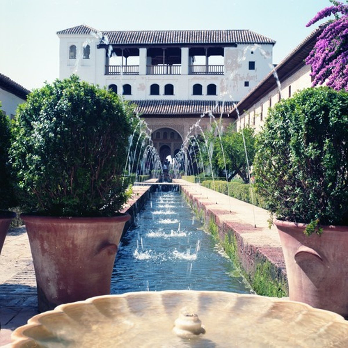 <p>Granada, Spain; 14th century; Nasrid; Palace</p><ul><li><p>Served as a resort for the residents of the Alhambra; purely residential, not administrative function</p></li><li><p>The original part of the palace is a court with channels, the Acequia court</p><ul><li><p>The Acequia Court was a level below the gardens, and had access to the gardens through arches</p></li><li><p> an elongated chahar bagh, and has ripples in the water, with high water pressure through gravitational force</p></li><li><p><span>openings for views onto the lower gardens/Alhambra</span></p></li></ul></li></ul><p></p>