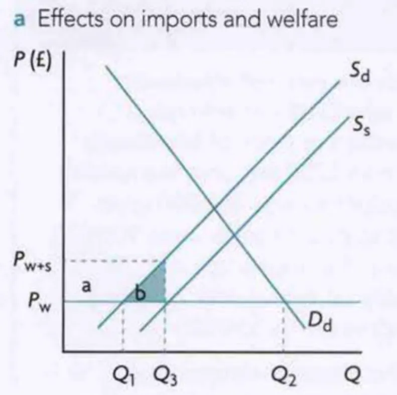 <ul><li><p>Consumer surplus is not affected since both price paid and quantity bought by consumers have not changed</p><ul><li><p>initially, domestic producers produce Q1, quantity demanded is Q2, excess demand of Q2-Q1 is satisfied by imports</p></li><li><p>the subsidy shifts the supply curve, but the good continues to be sold at Pw, though the price received by producers is now Pw+s</p></li><li><p>Since consumers still consume Q2 of goods at price Pw, consumer surplus remains unchanged</p></li></ul></li><li><p>Producer surplus increases by area A due to the higher price they receive (subsidy money) and the larger quantity they sell</p></li><li><p>Government spends area A and B to provide the subsidy</p></li><li><p>Welfare loss is area B</p></li></ul><p><strong>Beneficiaries of production subsidies</strong></p><ul><li><p>Domestic firms</p></li><li><p>Workers in domestic industries</p></li></ul><p><strong>Losers from production subsidies</strong></p><ul><li><p>Government budget</p></li><li><p>Taxpayers</p></li><li><p>Inefficiency in domestic production</p></li><li><p>Exporting countries competing with the domestic country</p></li><li><p>Misallocation of resources globally</p></li></ul><p></p>