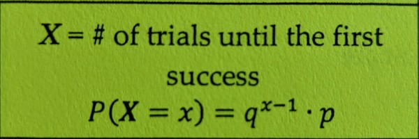 Denotes Geom(p), determines the probability of the first success occuring on trial x for Bernoulli trials 