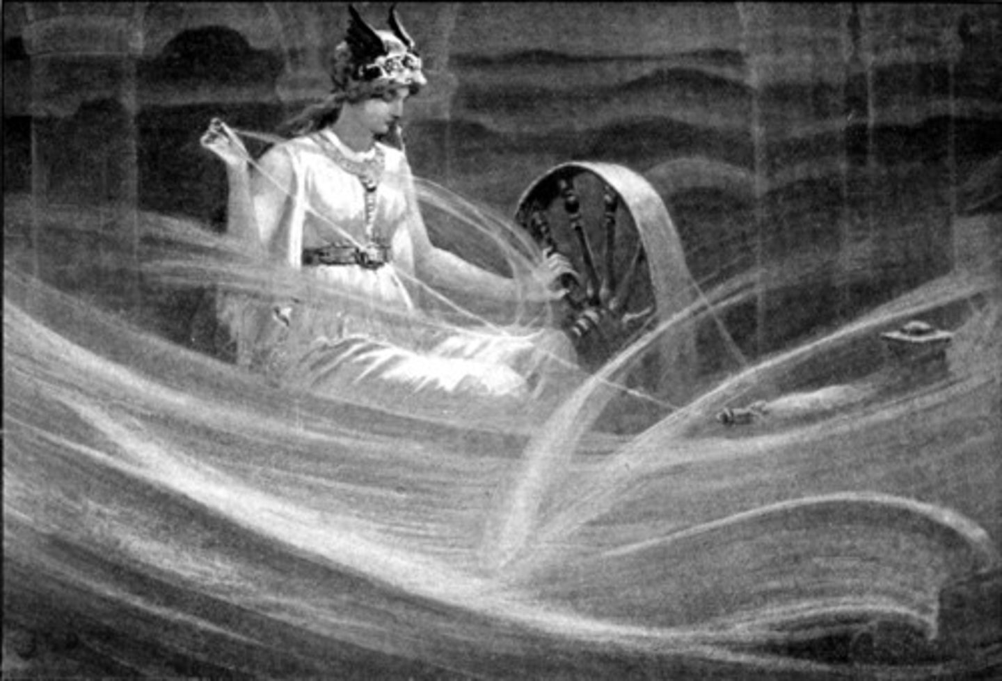 <p>The wife of Odin, and mother by him of Balder, Hoder, Hermod, and Tyr. She is the goddess of the sky, marriage, and motherhood, and often works at her loom spinning clouds.</p>