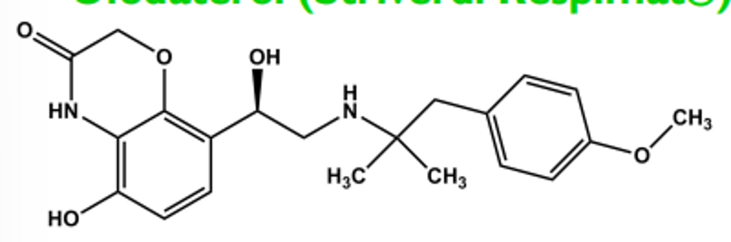 <p>- Ultra-LABA</p><p>- LogP = 3.0; pKa = 9.1 T1/2 ca. 45 hrs; once/day dosing</p><p>-One chiral center R-isomer has all activity</p><p>- Use once daily for COPD</p>