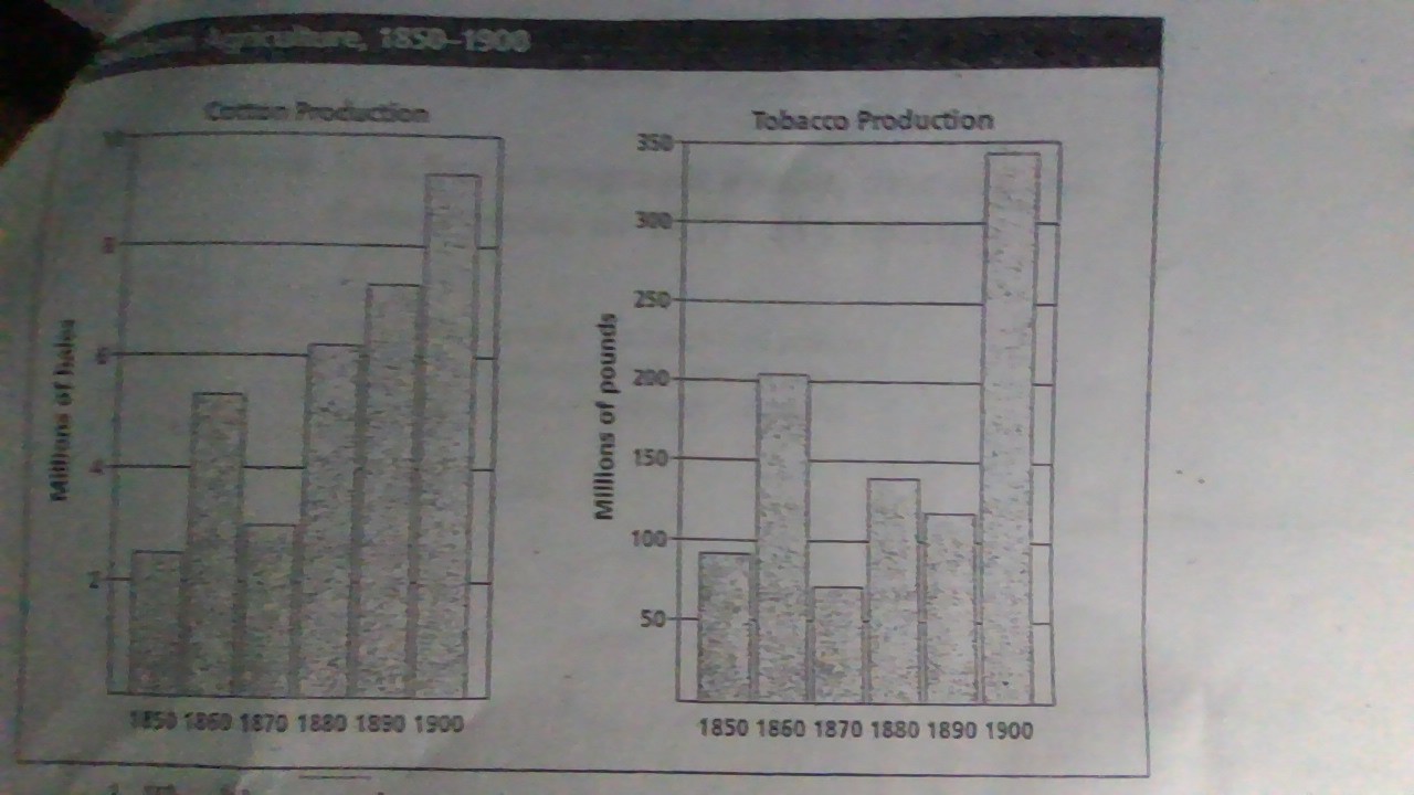 <p>What can be determined by the amount of cotton and tobacco produced in the South in 1900?</p><p>A. The South invented new breeds of seed, which increased production of cotton and tabaccos</p><p>B. Southerners succeeded at producing high levels of cotton and tabacco.</p><p>C. Cotton and tabacco were no longer important to the South.</p><p>D. Southerners could not make a living through agriculture</p>