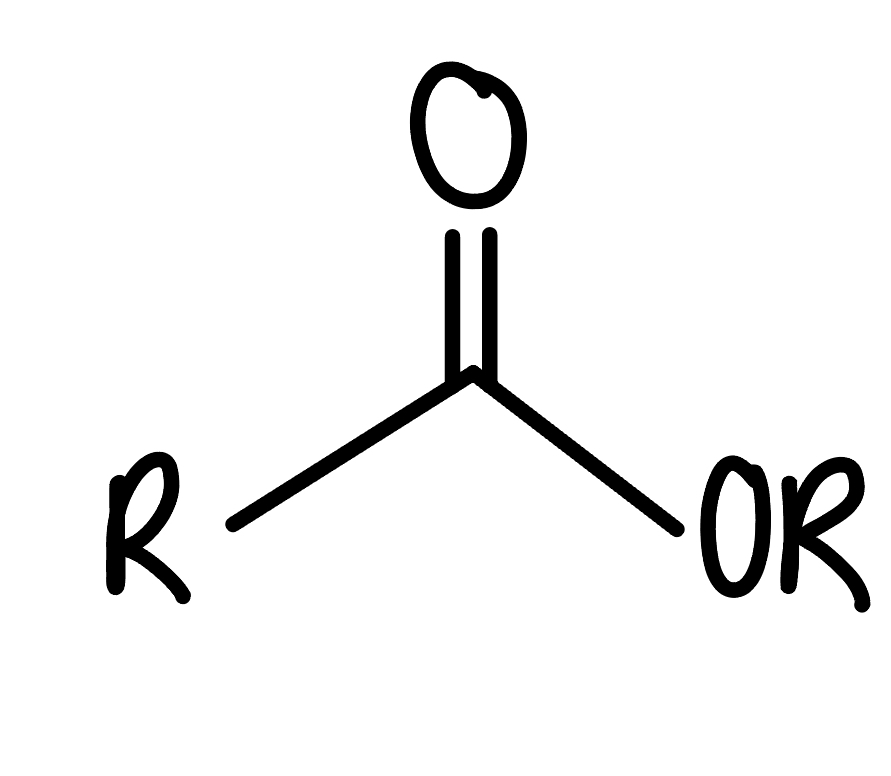 <p>a carbonyl (C double to O) with one r group and one OR attached to the carbonyl's C, OR NOT ether</p>