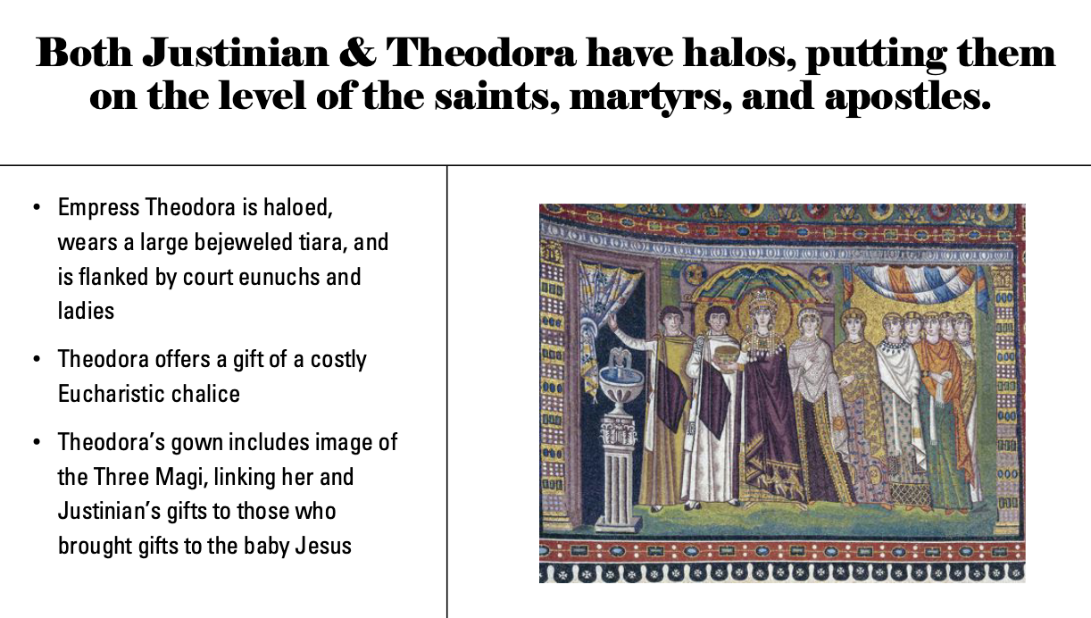 <p><span><span>Theodora and attendants, mosaic on the south wall of the apse, San Vitale, Ravenna, Italy, ca. 547</span></span></p>