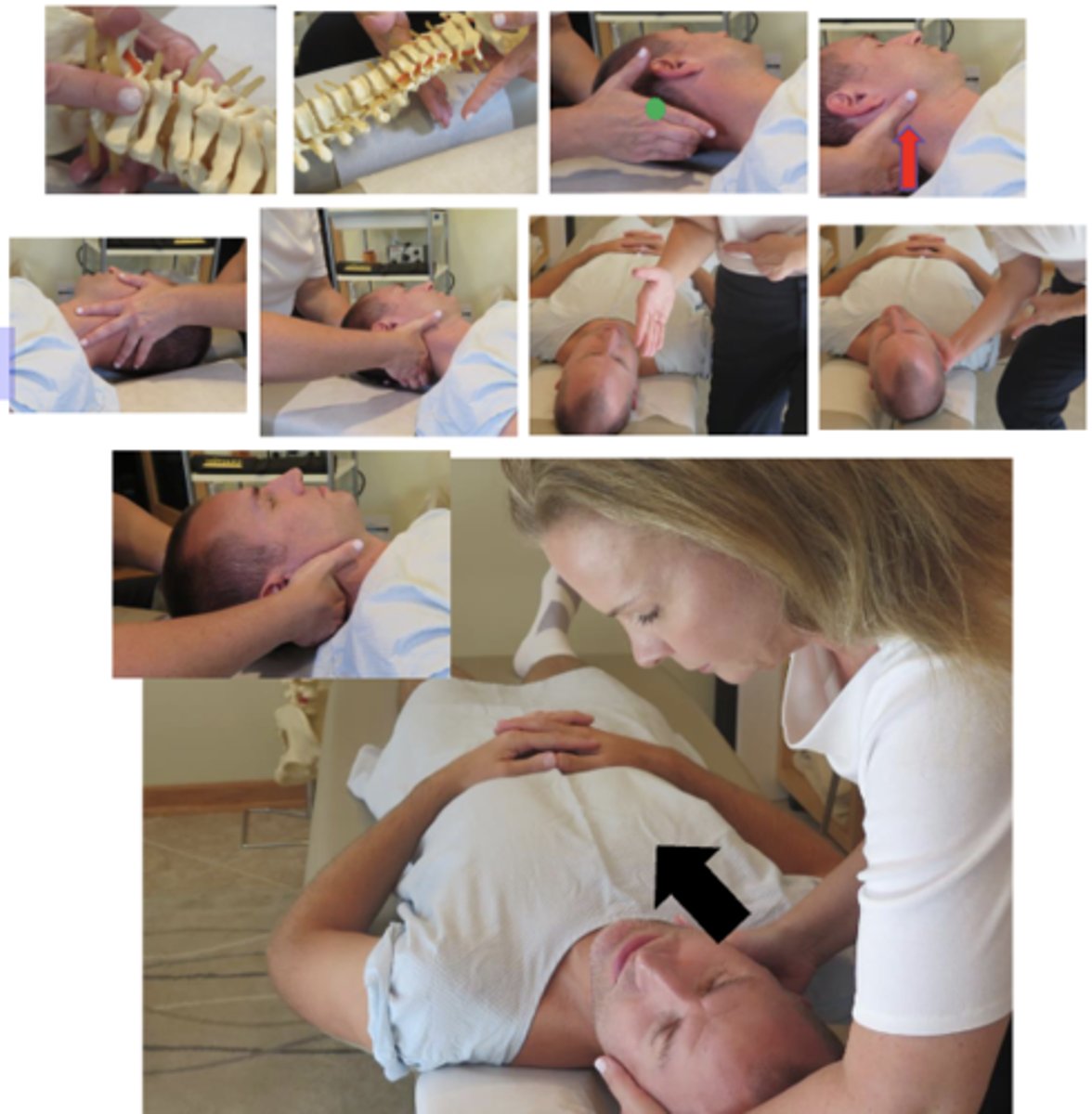 <p>• PP: Supine, asks permission to open gown/contact patient, verbalize finding the segment</p><p>• DP: Towards head of table, on side of contact, angled 45°-90° to the patient, tissue slack M-L</p><p>• CH: Proximal metacarpophalangeal index of the hand corresponding to the side of segmental contact, on posterolateral articular pillar of superior vertebrae, fingers reinforce</p><p>• IH: #1-cradles patients head, supports contralateral occiput and upper cervical spine</p><p>• VEC: P-A with counterclockwise rotation ( or clockwise depending on direction</p>