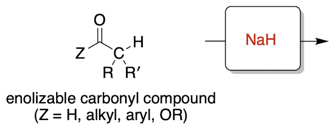 <p><strong>enolization </strong>(irreversible)</p><p>enolizable = at least one hydrogen on its alpha carbon</p>