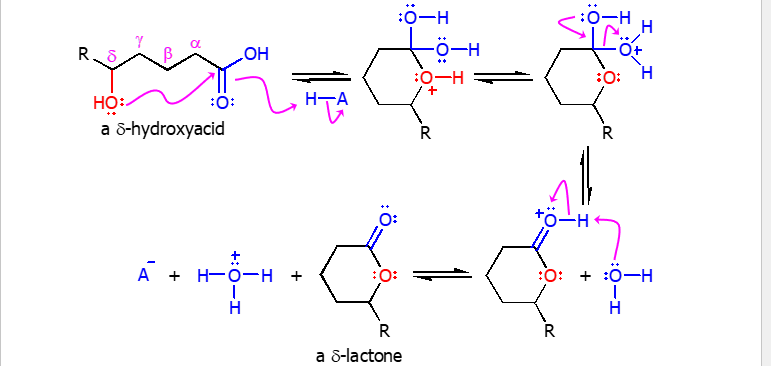 <p>When an alcohol and carb. acid are on the same molecule they can intramolecularly react to form a lactone. </p>