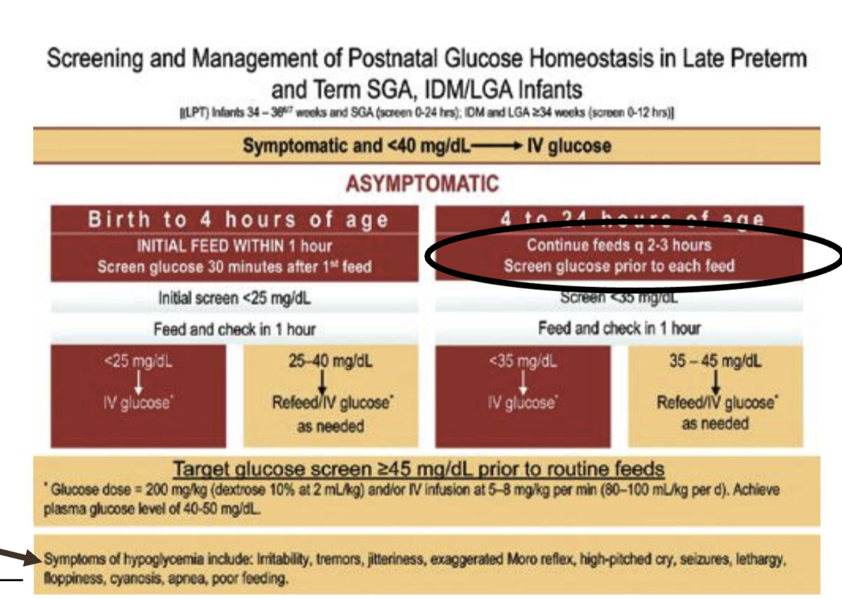 <ul><li><p>inadequate blood glucose levels to support normal functioning</p><ul><li><p>level < 40 mg/dl (in a newborn)</p></li></ul></li><li><p>main risk factor</p><ul><li><p>LGA, SGA, LBW</p></li><li><p>IDM</p></li><li><p>maternal beta blocker</p></li></ul></li><li><p>usualyt within first 6 huors of brith&nbsp;</p></li><li><p>symptoms</p><ul><li><p><strong>Jittery</strong></p></li><li><p><strong>Lethargic</strong></p></li><li><p><strong>Poor feeding</strong></p></li><li><p><strong>Hypotonia</strong></p></li><li><p><strong>Apnea / cyanosis</strong></p></li><li><p><strong>High-pitched or weak cry</strong></p></li><li><p><strong>Seizures</strong> (late)</p></li></ul></li><li><p><strong>Hypoglycemia Protocol (Condensed)</strong> </p><ol><li><p><strong>Check glucose</strong> (screen at-risk infants).</p></li><li><p>If <strong><40 mg/dL</strong> (early) or <strong><45 mg/dL</strong> (later) →<br><strong>Feed immediately</strong> (breastfeed or expressed milk).</p></li><li><p><strong>Recheck glucose in 15–30 min.</strong></p></li><li><p>If still low → <strong>oral glucose gel</strong> + feed.</p></li><li><p>If persistently low or symptomatic → <strong>IV D10W bolus or infusion</strong>.</p></li><li><p>Monitor until <strong>three normal readings</strong> in a row.</p></li></ol></li></ul><p></p>