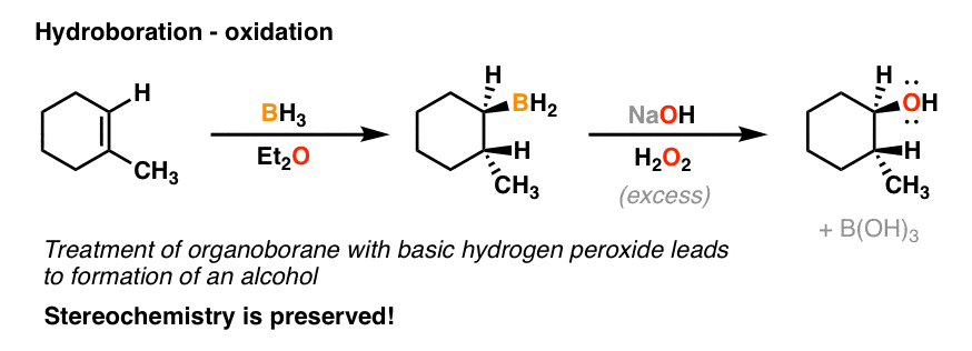 <ul><li><p>performs concerted addition (anti-Markovnikov)</p></li><li><p>forms alcohol from an alkene (hydroboration/oxidation)</p></li></ul><p></p>