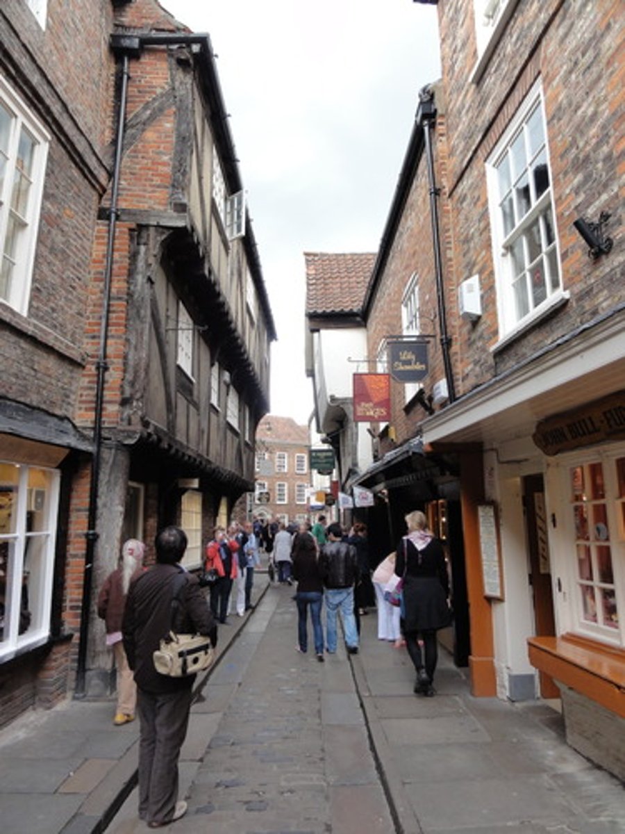 <p>A narrow medieval street in York. The top floors overhang the street to make more indoor space. Lots of butchers, bakers etc. worked on streets like this. Not good in times of disease because they were cramped and full of food waste.</p>