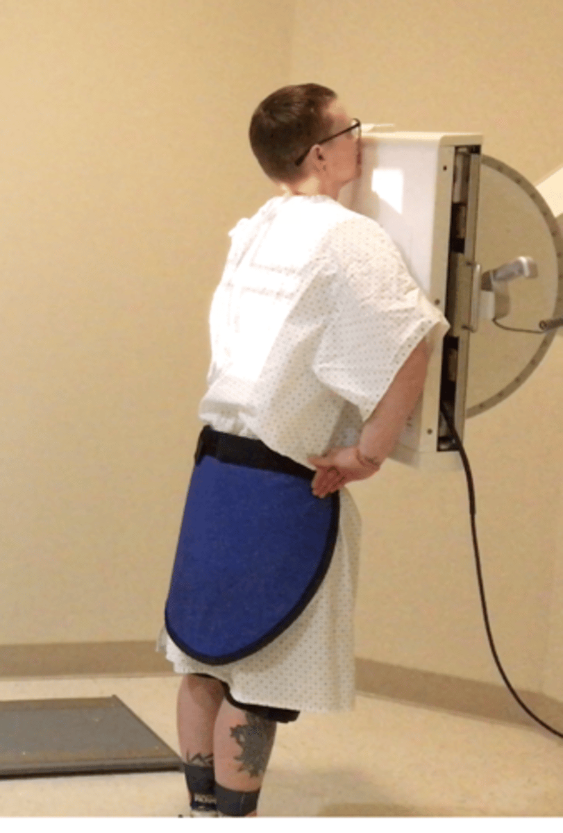 <p>Pt Placement: PA, hands on hips, roll shoulders forward</p><p>Measure: over shoulder sternum to spine</p><p>Collimation: 14x17</p><p>CR Placement: top of film 1.5" above VP, have patient AP first to find height </p><p>Tube tilt: none</p><p>SID: 72"</p><p>Breathing: Inhale and hold</p><p>Shielding: covering their butt</p>