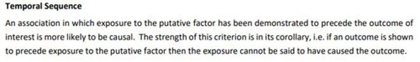 <p>An association in which the putative factor has been demonstrated to precede the outcome of interest – is more likely to be causal</p><p>Exposure always precedes outcome</p>