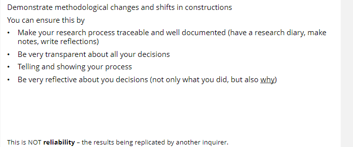 <p>is researcher bias minimized or accounted for? Would other researchers come up with similar results? Would other methods and contexts lead to similar or different results?</p><p><span style="font-family: Times New Roman, serif">Parallel to </span><strong><span style="font-family: Times New Roman, serif">reliability</span></strong></p>