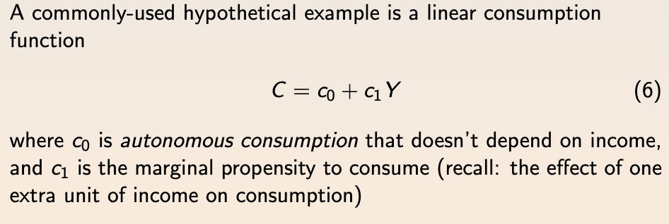 <p>c = f(D)</p><p>→ ignore tax - YD = Y</p><p>c= c old + c new Y</p>