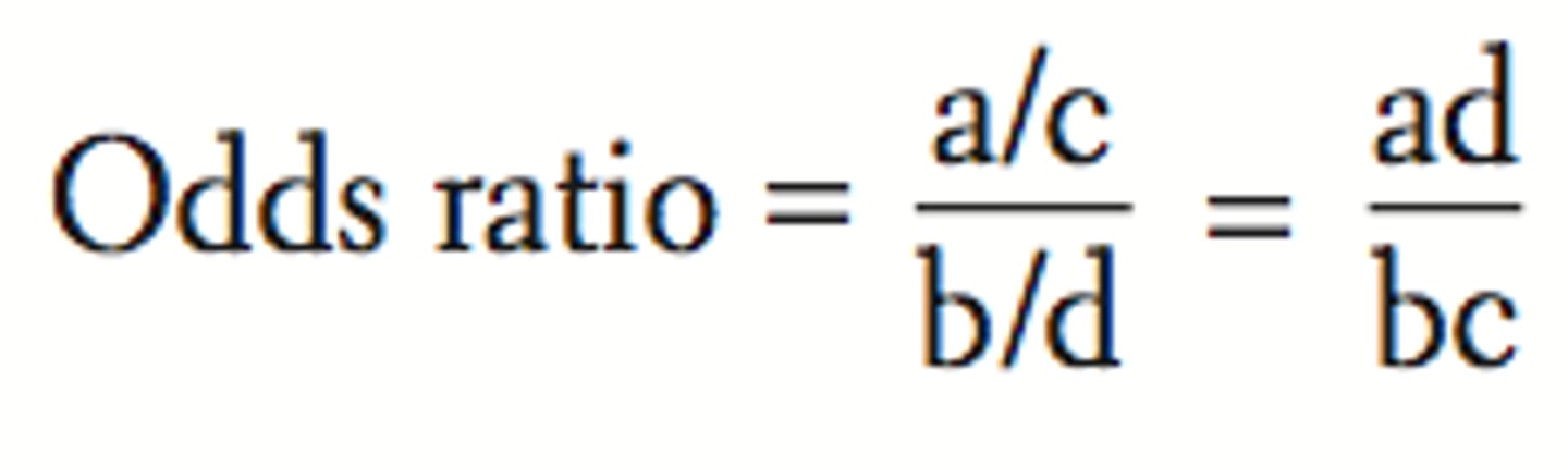 <p>- The odds of the event in the intervention group (a/b) divided by the odds of the event in the control group (c/d)</p><p>- An OR of 1.0 means there is no difference between groups, and an OR <1.0 means that the event is less likely in the intervention group than the control group</p>
