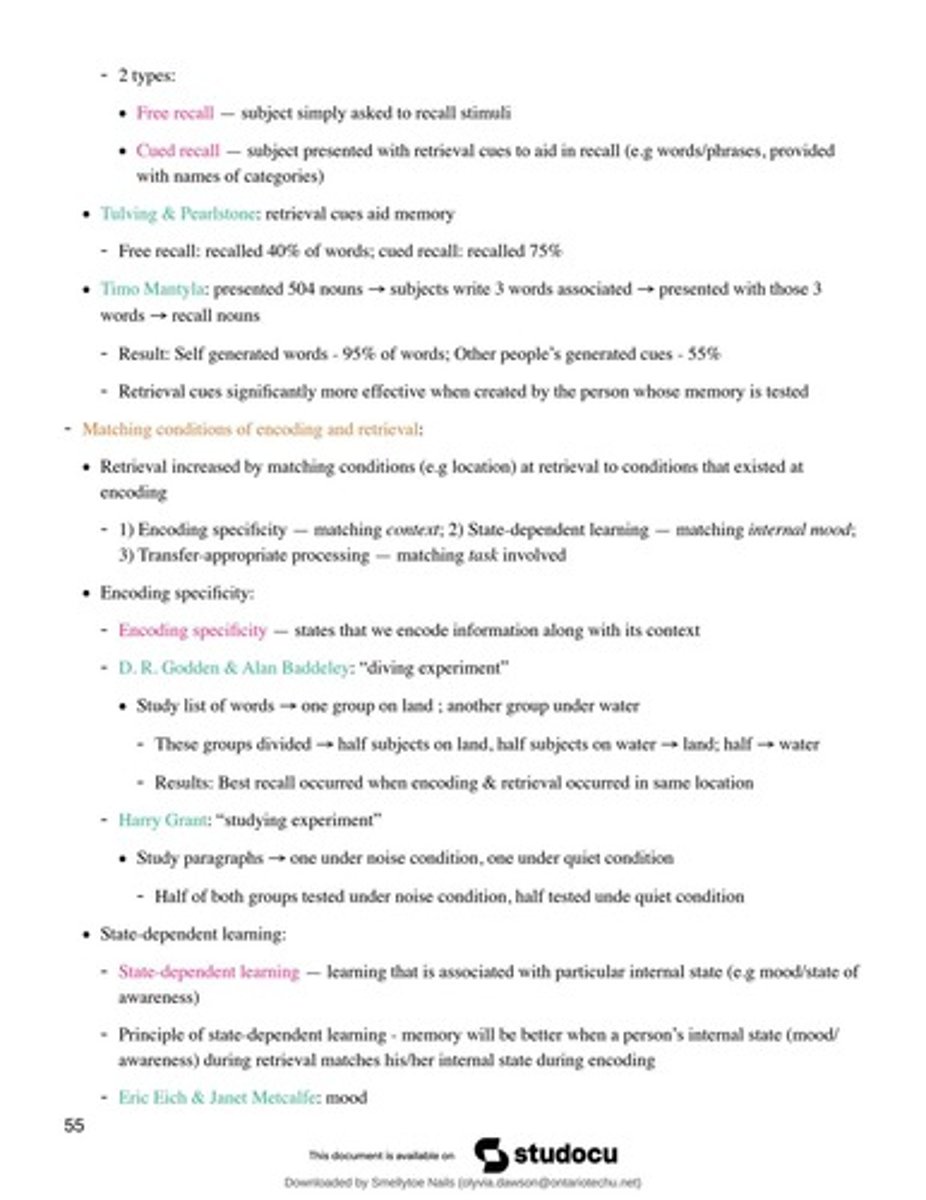 <p>Free recall involves recalling stimuli without prompts, while cued recall provides retrieval cues to assist memory.</p>