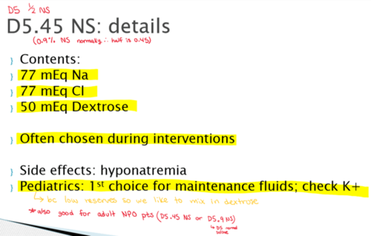 <p>- Na =&gt; 77 mEq</p><p>- Cl =&gt; 77 mEq</p><p>- Dextrose =&gt; 50 mEq</p>