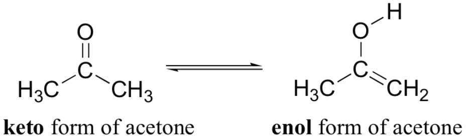 <p>enol</p><ul><li><p>enol form contains an alcohol</p></li><li><p>keto form has a regular ketone or an aldehyde </p></li></ul><p></p>