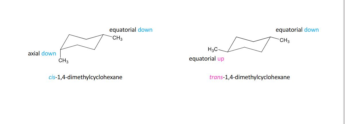 <p><span>To draw most stable conformer:<br>• number your chair<br>• draw largest substituent in equatorial bond and determine if it has up or down orientation<br>• draw second substituent according to cis or trans relationship to first substituent drawn</span></p>