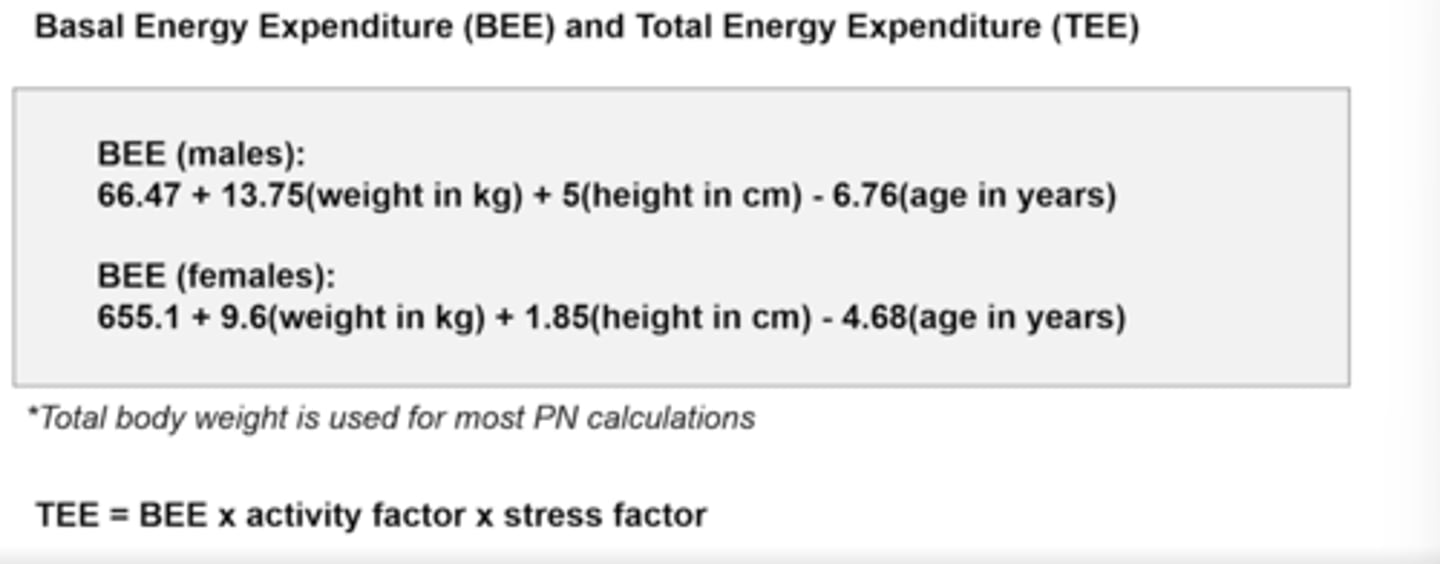<p>BEE (males): 66.47 + 13.75(weight in kg) + 5(height in cm) - 6.76(age in years)</p><p>BEE (females): 655.1 + 9.6(weight in kg) + 1.85(height in cm) - 4.68(age in years)</p><p>provided on exam</p>