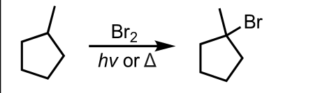 <p>What’s added: 1 Br atom </p><p>Regioselectivity: Most Substituted Product </p><p>Intermediate: Radical Intermediate </p><p>Rearrangement: Not possible</p>