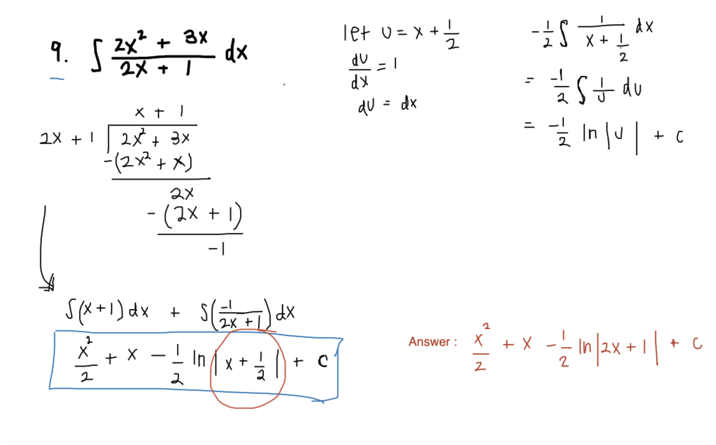 <p>For improper rational expressions (degree of numerator is greater than or equal to degree of denominator) long division is 1st required before you integrate </p>