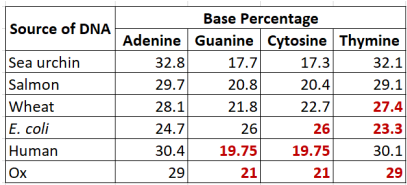 <p>Through Chargaff’s data</p><ul><li><p>Table shows that organisms infact DO NOT have equal amounts of A, T, G, and Cs</p></li></ul><p></p>