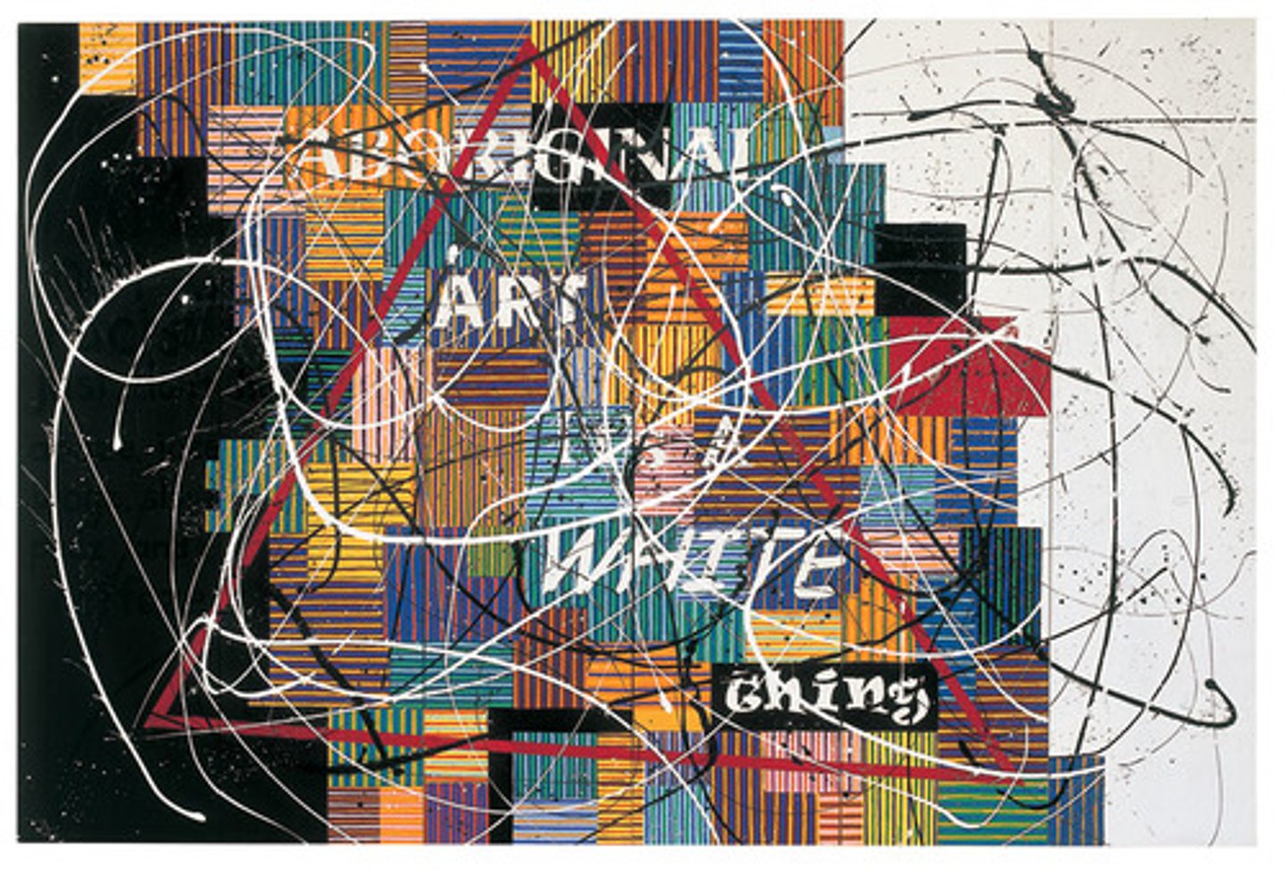 <p>Title: Scientia E Metaphysica [<strong>Bell's Theorem</strong>]</p><p>Time: 2003.</p><p>Known for:</p><ul><li><p>Text-based critiques of the <strong>Western art market’s treatment of Aboriginal art</strong>.</p></li><li><p>Integrating floating lines overlapped onto serves of rectangular shapes of lines that are colorful and follow different orientations</p></li><li><p>The title plays on <strong>Bell’s Theorem</strong> (a term borrowed from quantum physics) to critique the <strong>cultural and political entanglement</strong> of Aboriginal art within <strong>white-dominated art markets</strong> and <strong>colonial power structures</strong>.</p></li></ul><p></p>