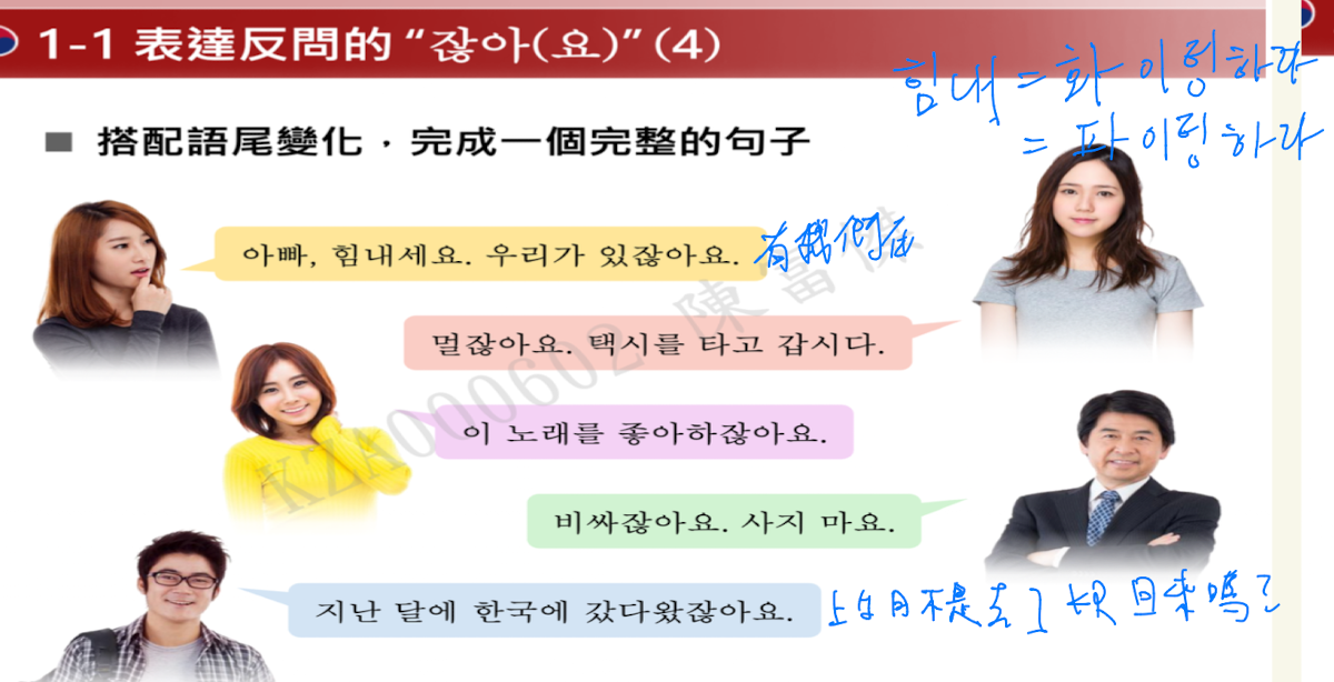 <p>是-지 않아요的縮寫，表達反問=不是…嗎？</p><p>ety</p><ul><li><p><strong>-지</strong>：連接詞尾，用於連接動詞或形容詞，表示否定。</p></li><li><p><strong>않다</strong> (動詞/助動詞)：縮寫自 <strong>아니하다</strong>（不是/不做），用於構成否定句。</p></li></ul><p>用法：</p><ul><li><p>A、V+잖아(요)</p></li><li><p>N無尾音 +잖아(요)</p></li><li><p>N有尾音 +이잖아(요)</p></li><li><p>past tense A、V +았/었/였 잖아(요)</p></li></ul><p></p>