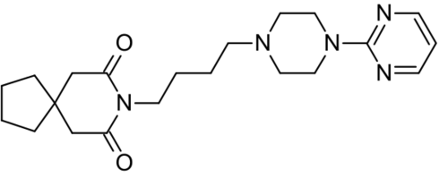 <p>- 5-HT1 receptor agonist</p><p>- structural feature = long-chain</p><p>- metabolized in liver to the common metabolite pyrimidinylpiperazine</p><p>- buspirone</p>