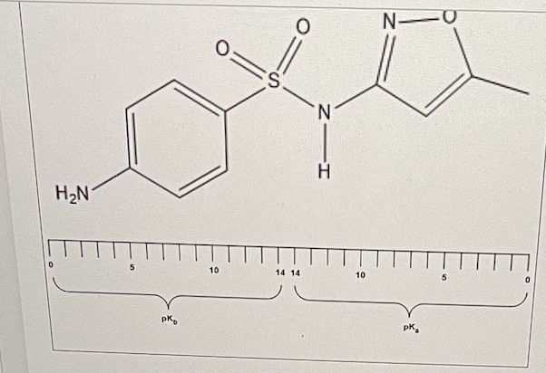 <p>Using the pKa-pKb continuum provided and the A pK tables, predict a pKb value for Sulfamethoxazole, an oral antibiotic.</p>