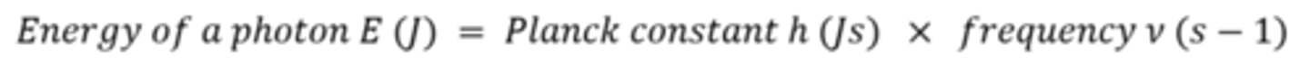 <p>E = energy associated with 1 photon in Joules (J)</p><p>h = the Planck constant (6.63 x 10-34 J Hz-1)</p><p>ν = the frequency of the radiation (Hz)</p>