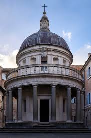 <p>A building design organized symmetrically around a central point, often circular or polygonal.</p><p>Donato Bramante’s <em>Tempietto</em> at San Pietro in Montorio.</p>