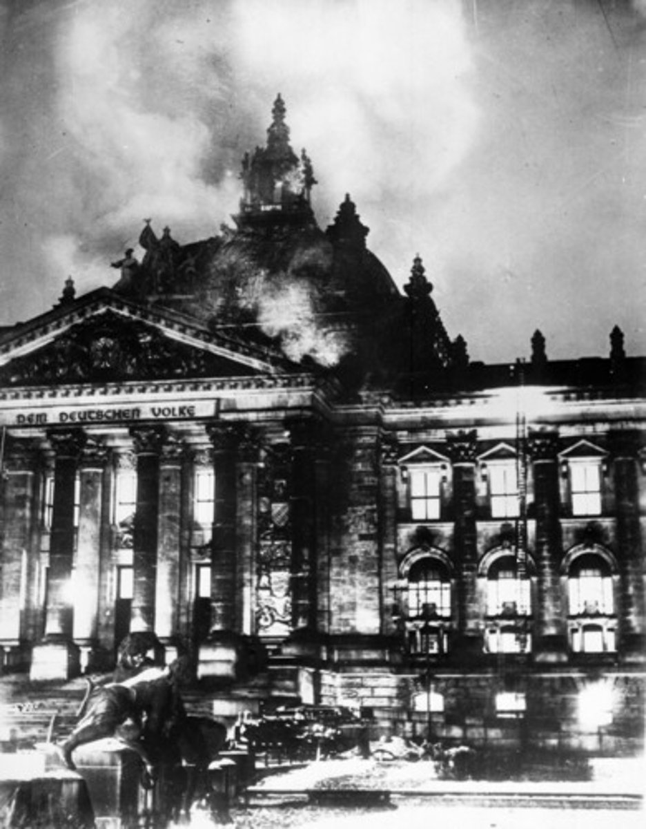 <p>arsonist attack on Reichstag Building (German Parliament); Hitler used to promote anti-communism + Reichstag Fire Decree limiting free speech</p>